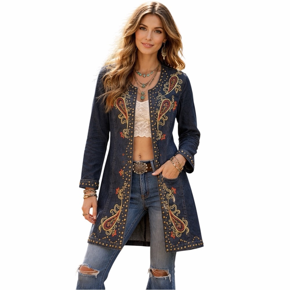 Boho Paisley Embroidered Indigo Denim Jacket Duster